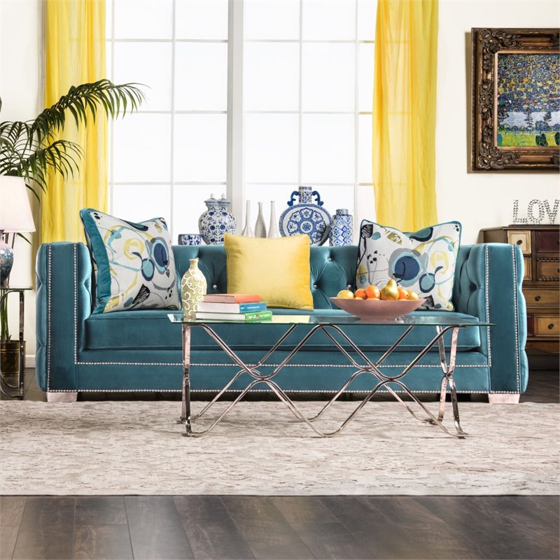Furniture of America Panth Tufted Velvet Sofa in Turquoise - Walmart