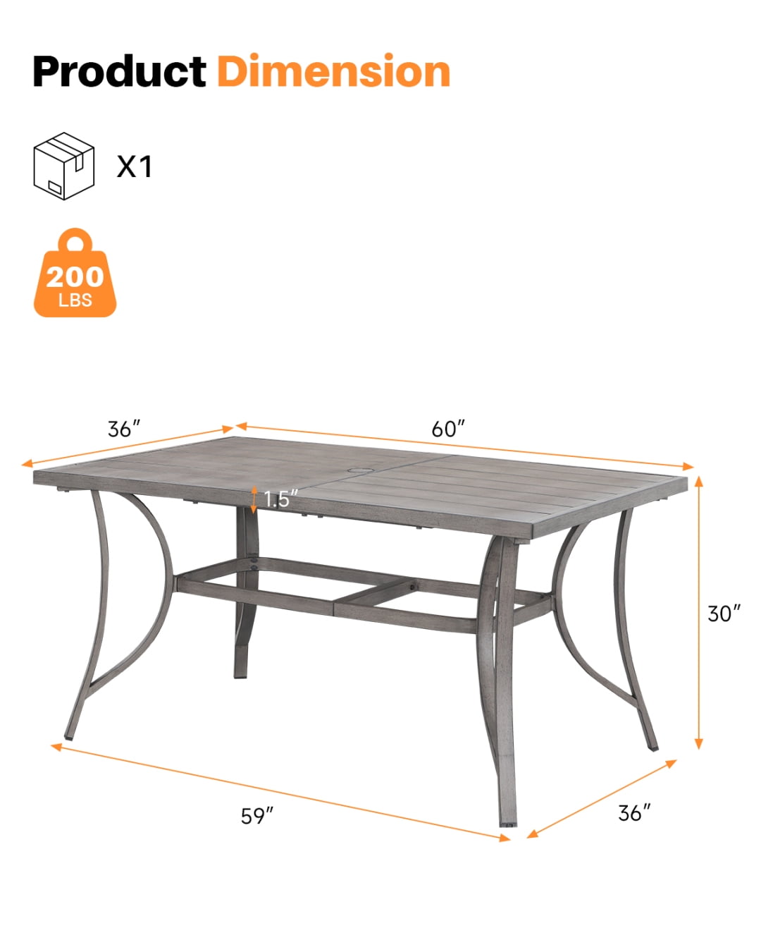 60" Outdoor Rectangle Dining Table for 6 with Umbrella Hole, Aluminum Sturdy Frame, Limed Oak