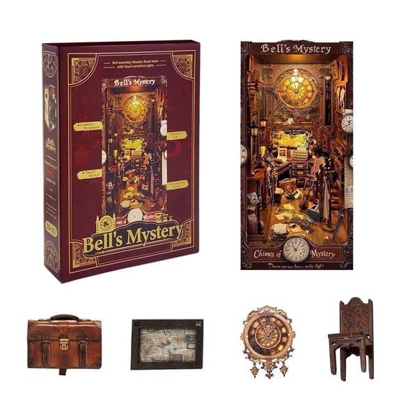 Strucwood DIY Book Nook Kit Bell's Mystery 3D Wooden Puzzle with LED Lights Dollhouse Miniature Bookend Crafts Hobbies Gifts for Adults (SQ-42)