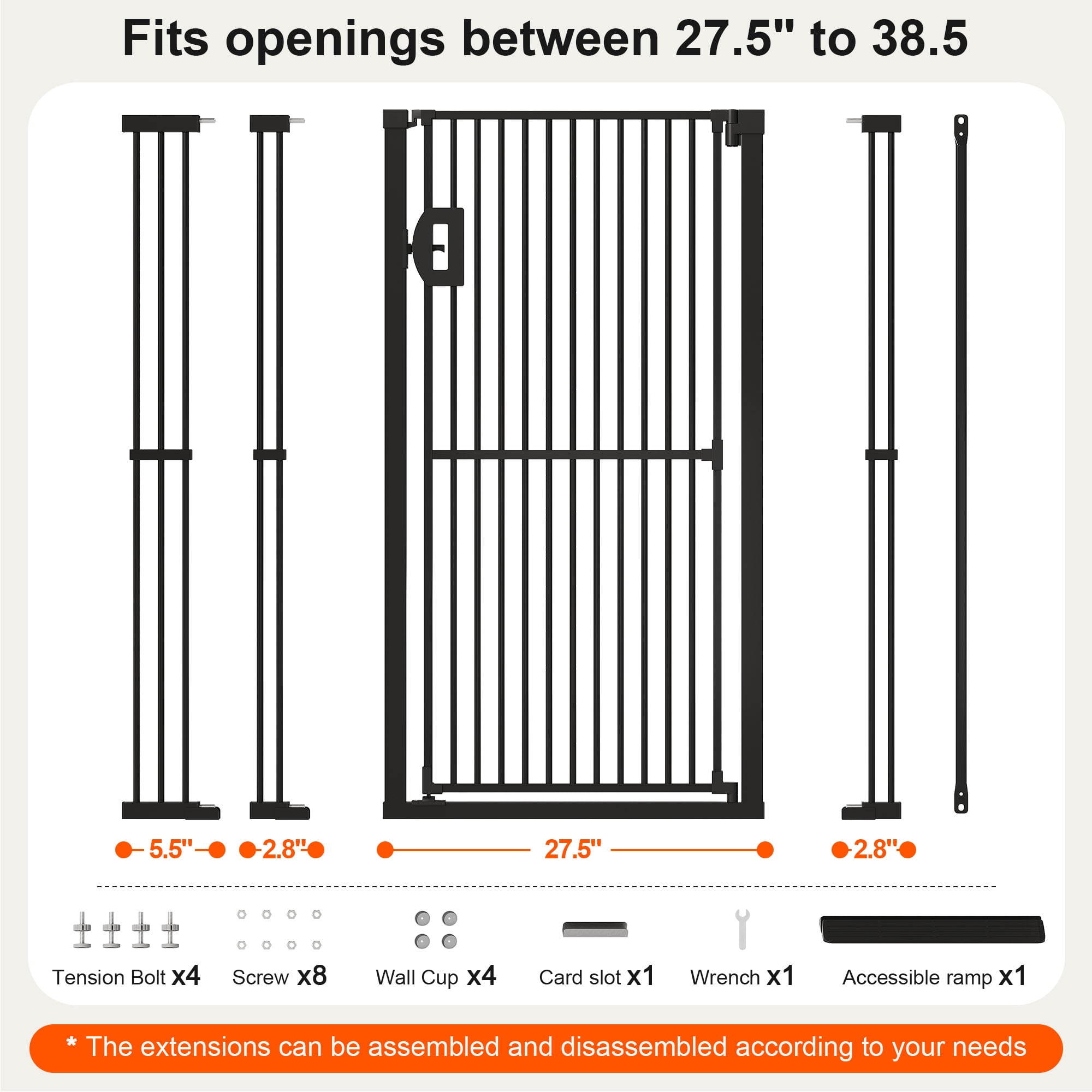 AOPEC 57" Extra Tall Pet Gate, Auto Close Dog Door Pressure Mounted No Drilling for Doorways, Hallways, Stairs, Expandable 27.5"-38.5" Wide, Narrow 1.18" Spacing for Small Dogs & Puppies, Black