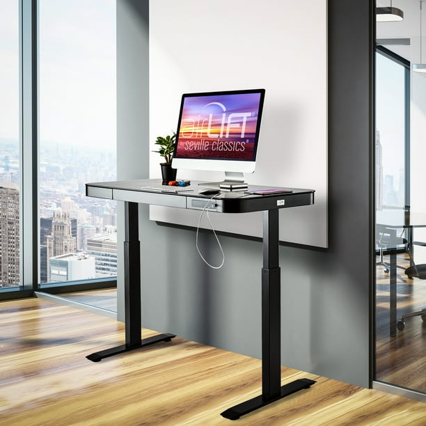 Seville Classics AIRLIFT® Tempered Glass Electric Standing Desk Dual 2.4A USB Charging Port and