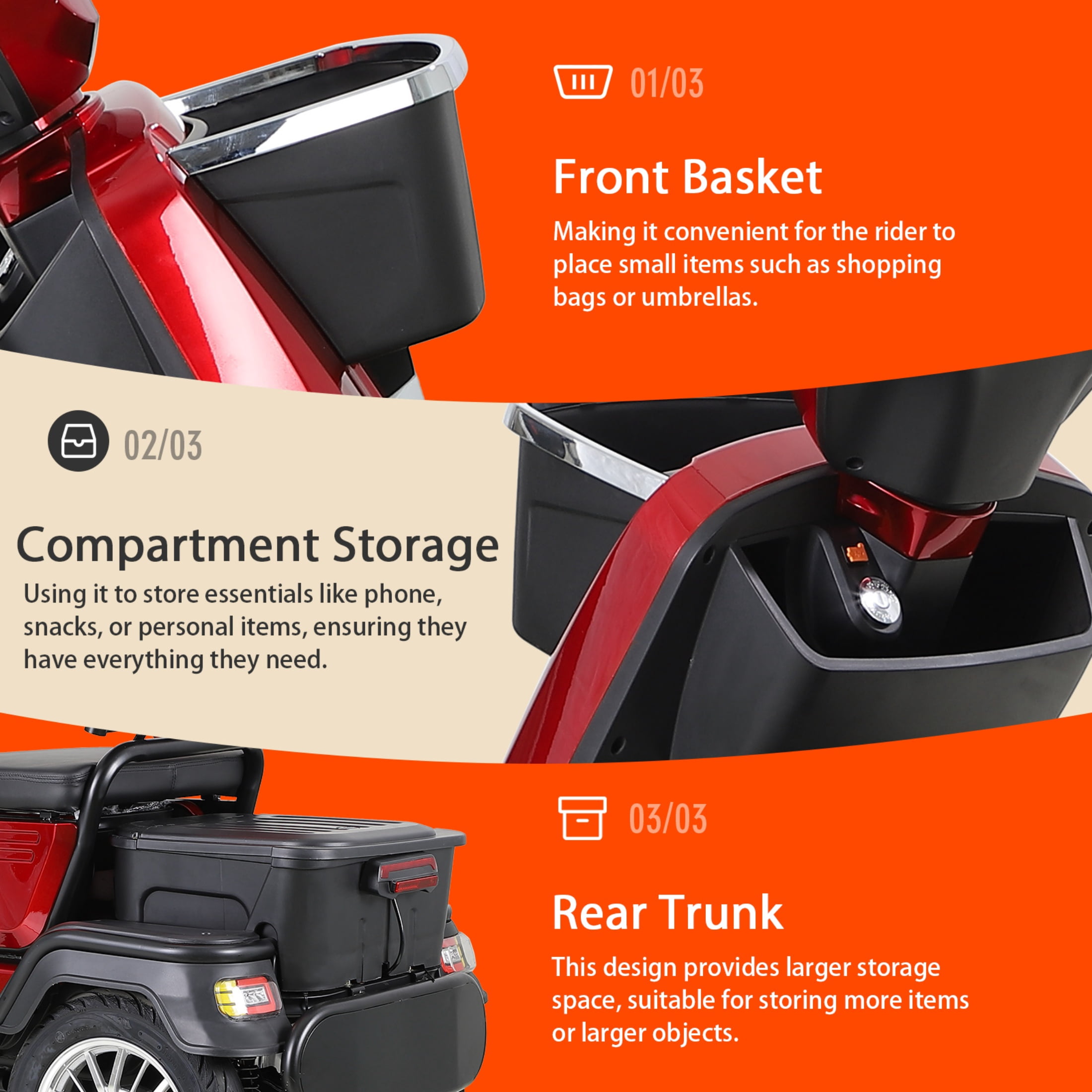 QEEKA 4-Wheel Mobility Scooter, 2-Seater Electric Scooter with Adjustable Seat, 500 lb Capacity, Red