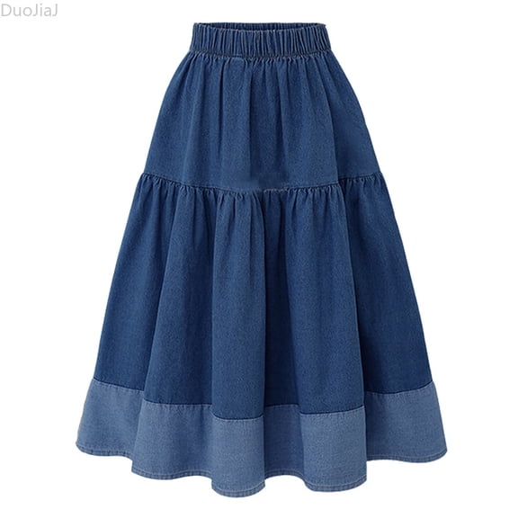 DuoJiaJ Women's Plus Size Stretchy Waist Casual And Versatile Denim Skirt With Tassle Hem Fashionable And Comfortable High Low Hem Design Denim Skirts Women Blue L
