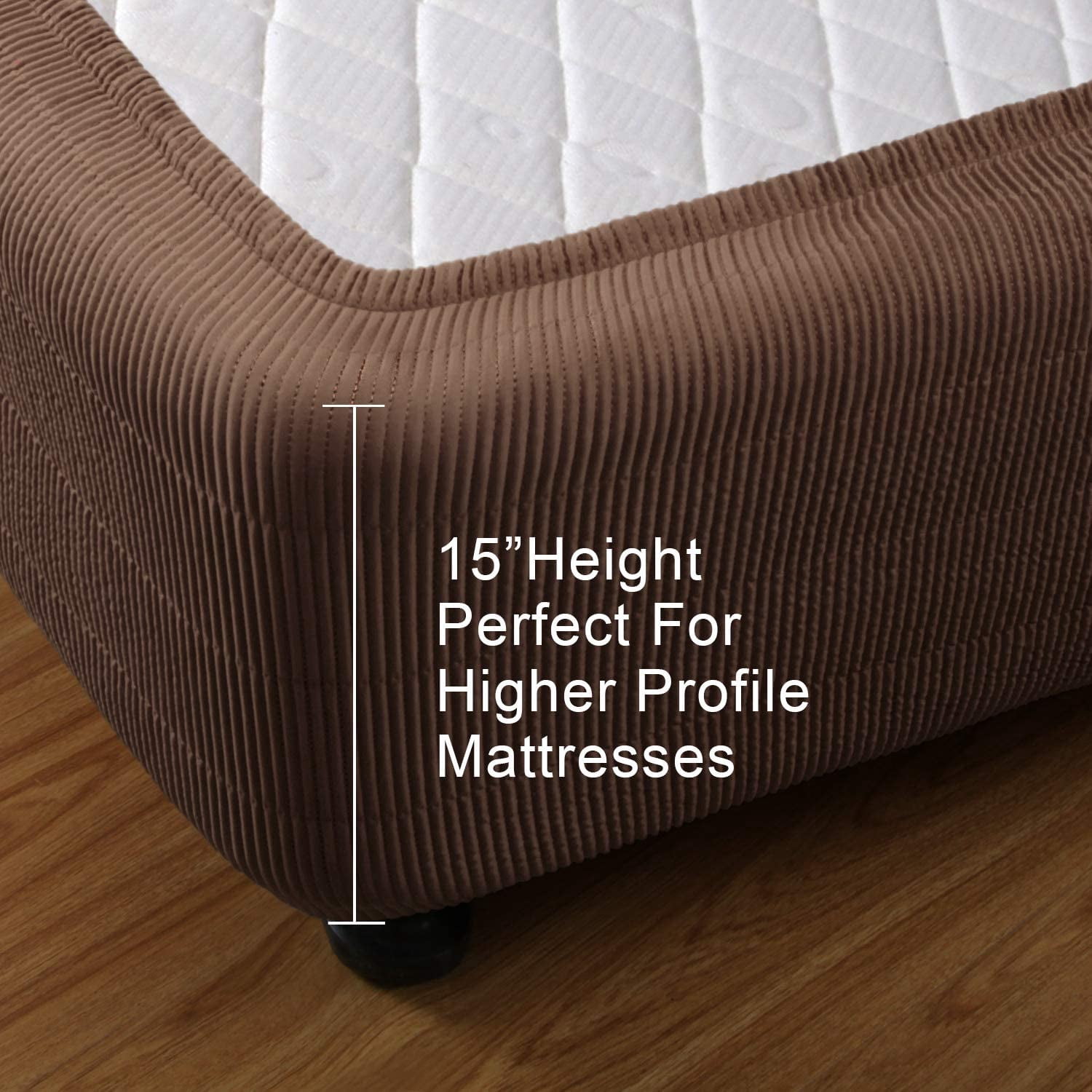 Marquess Box Spring Cover-Wrap Around Elastic.Vertical Stripe Pattern Bed Skirt Alternative.15"Drop Length Mocha King