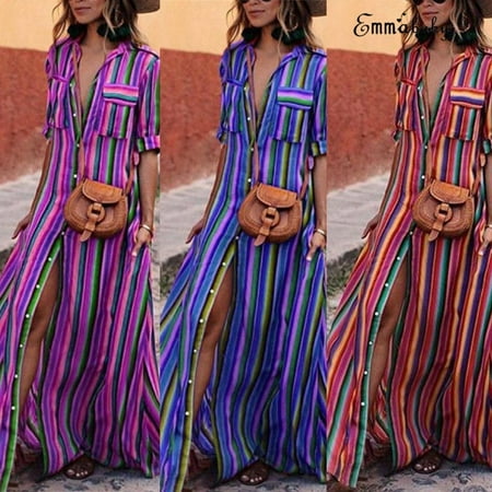 Women Sexy Buckle Lapels Party Cocktail Stripe Split Front Maxi Long Beach Dress Plus