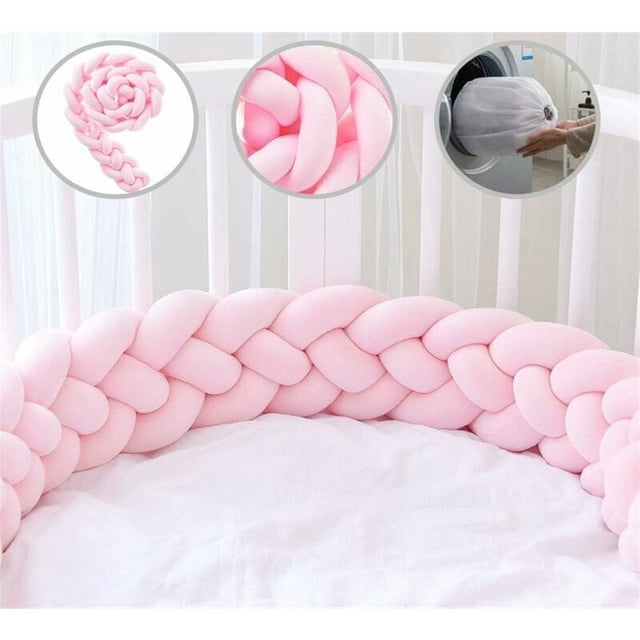 Baby Crib Bumper with Storage Bag, Velvet Braided Snake Design, 1.5m, Pink – Compatible with Standard Cribs
