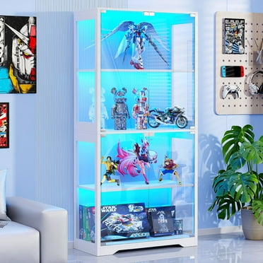 MIIFUNY Display Cabinet with Glass Doors 4 Tier Curio Cabinet & Bookshelf with LED, White