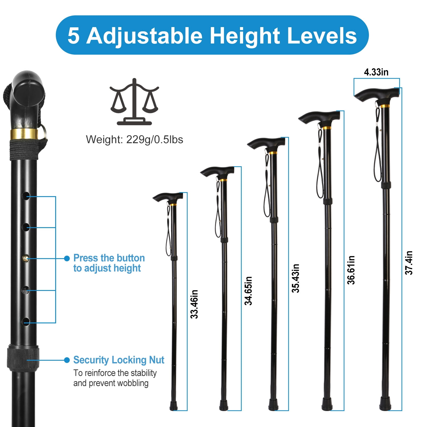 Folding Trekking Hiking Pole, Collapsible Cane Adjustable Travel Walking Stick Portable Mobility Aid for Women Men Hikers Gift, Black