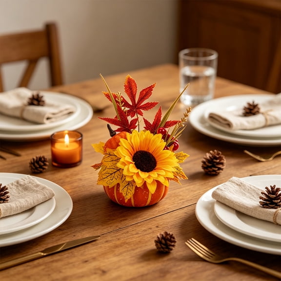 Racsoh Mini Artificial Pumpkin Tabletop Ornament, Faux Fall Floral Arrangement with Sunflower and Berry, for Thanksgiving Halloween Mantel Decor (A)