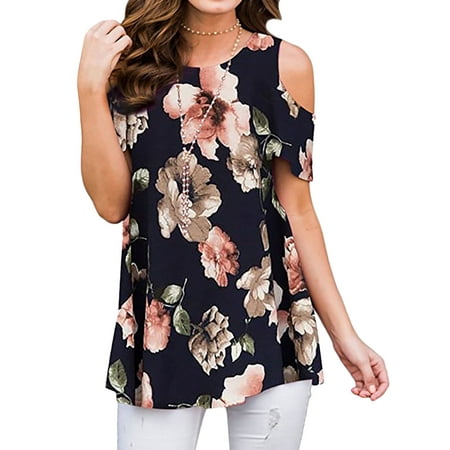 - Starvnc Women Cold Shoulder Floral Print Round Neck Short Sleeve Tops