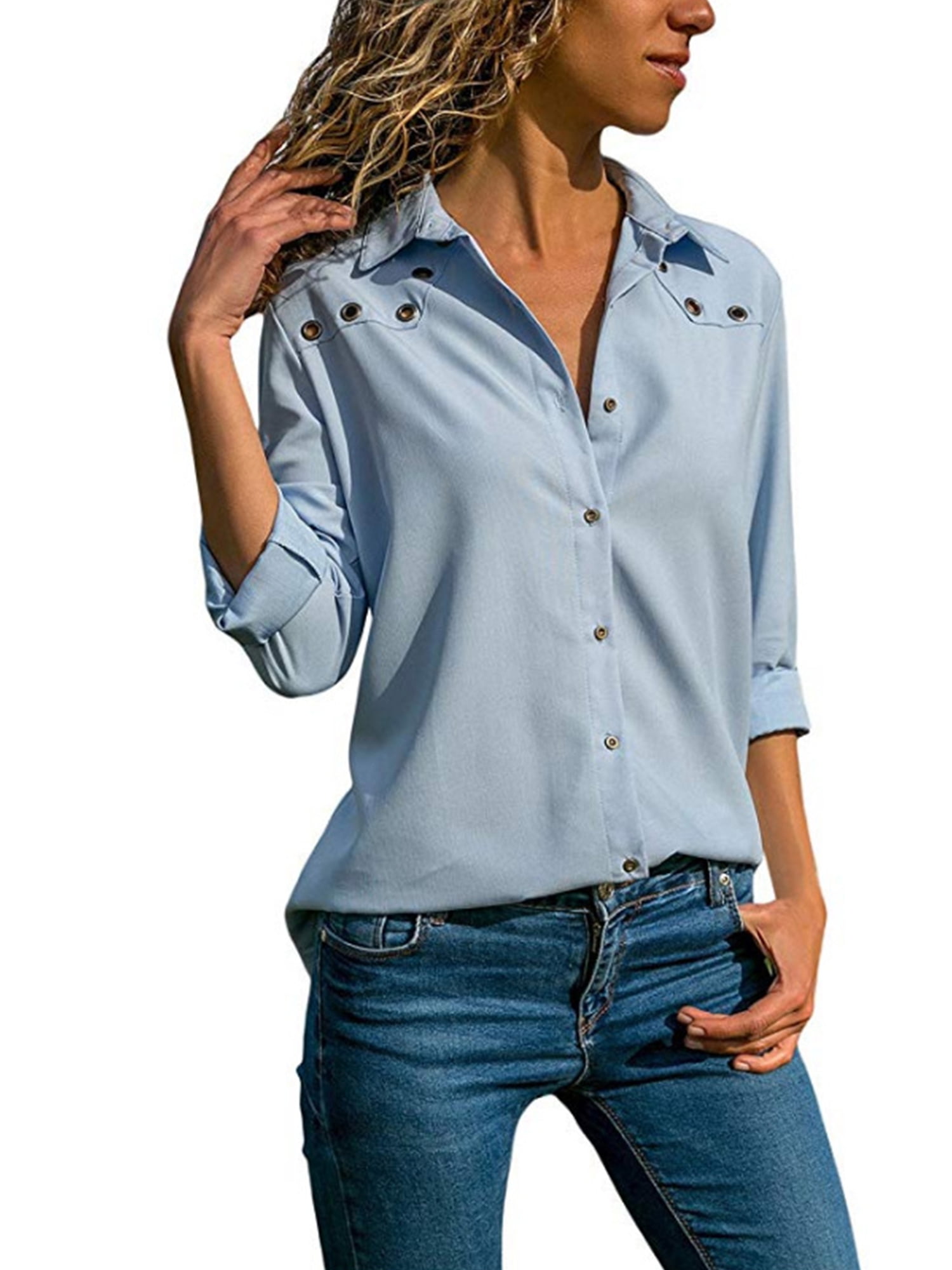 Wodstyle - Women's Long Sleeve Blouse Button Casual V Neck OL Office ...