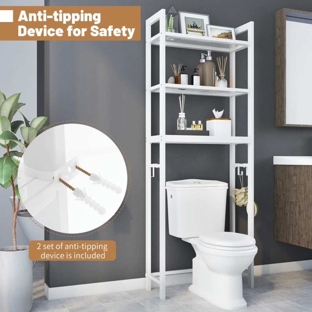 Finihen Toilet Storage Rack, Toilet Storage Shelf, Over-The-Toilet Storage Shelf Space Saving Metal Bathroom Organizer Hooks, for Bathroom, White