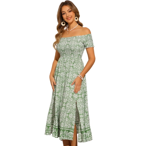 DARING DIVA Boho Smock Midi Off Shoulder Summer Events Dress XS Green