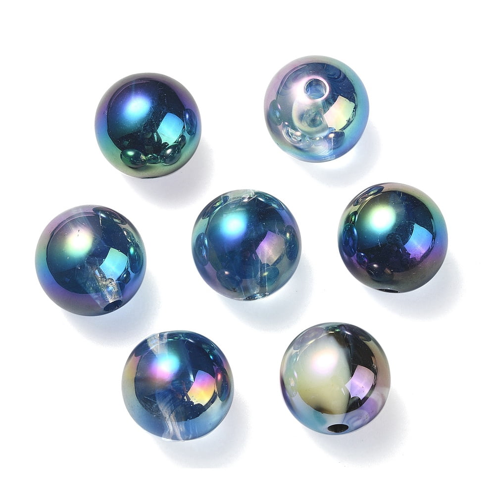 UV Plating Rainbow Iridescent Acrylic Beads Round Midnight Blue 15.5x15mm Hole: 2.7mm