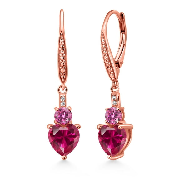 Gem Stone King 18K Rose Gold Plated Silver Red Created Ruby Pink Moissanite and White Lab Grown Diamond Drop Dangle Earrings for Women (3.29 Cttw, Heart Shape 7MM, Round 4MM)