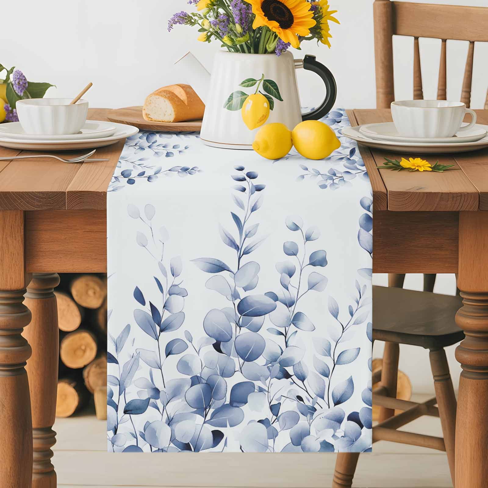 Gradient Farm Eucalyptus Leaves Table Runner 90 Inches Long, Retro Country Botanical Table Runners Tabletop Scarf Kitchen Dining Tables Decoration for Home Party Indoor Outdoor
