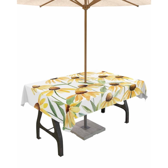 Hokiten Outdoor Tablecloths with Umbrella Hole & Zipper, Yellow Spring Floral Tablecloth Rectangle 60x84 Inch, Watercolor Elegant Botanical Waterproof Table Cloth, Patio/Pool/Picnic Table Covers