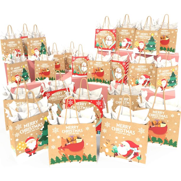 24pcs Christmas Gift Bags Set Christmas Prints Bags with 24 Tissue
