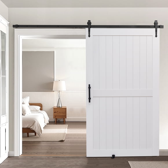 KFFKFF Sliding Barn Door with Hardware Kit, 48 x 84 inch MDF Panel, PVC Finish