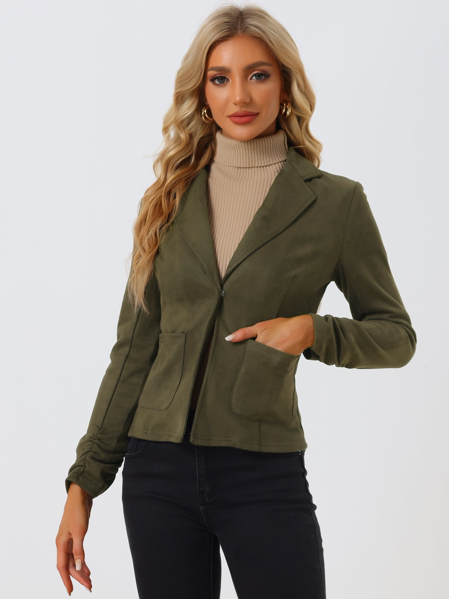 DARING DIVA Women's Long Sleeve Open Front Faux Suede Blazer M Olive Green
