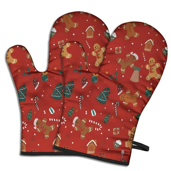 Cute Oven Mitts,Red Christmas Gingerbread Man Pattern Oven Mitt 2-Pack Set,Kitchen Gloves for Oven,Heat Resistant Oven Mitts 7.7"x12"