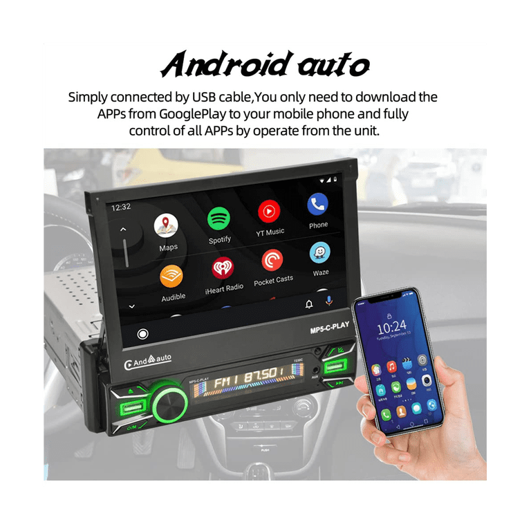 1Din Car Stereo Wireless CarPlay Android Auto 7In Electric Flip