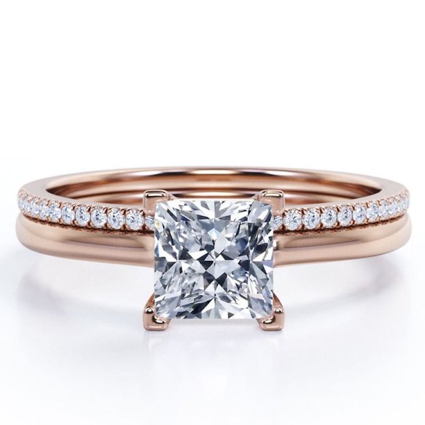 JeenMata Anillo de Boda de 1,50 Quilates con Corte Princesa, Engaste en Garras y Detalles Pavé en Baño de Oro Rosa de 18 K sobre Plata (Personaliza la Banda de Tu Anillo de Bodas)