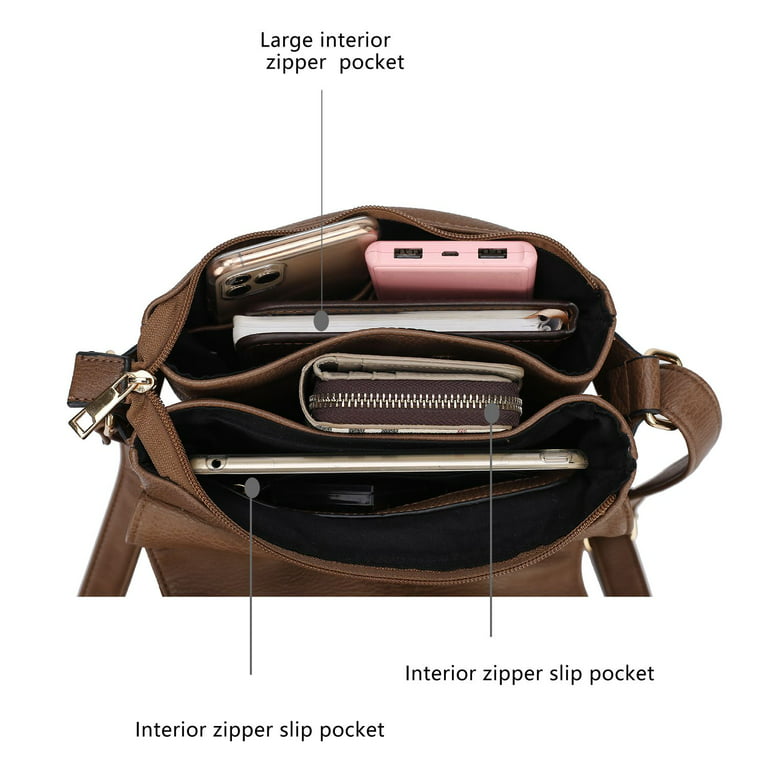 Brown Vegan Leather Double Zipper Flap Crossbody Purse Bag