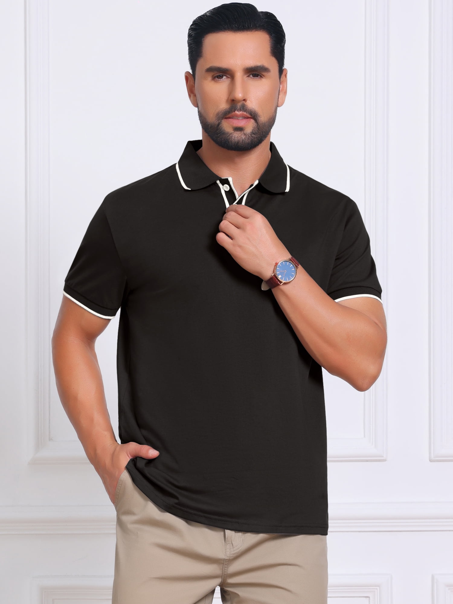 DARING DIVA Men's Contrast Trim Short Sleeve Button Closure Polo Shirts S Black