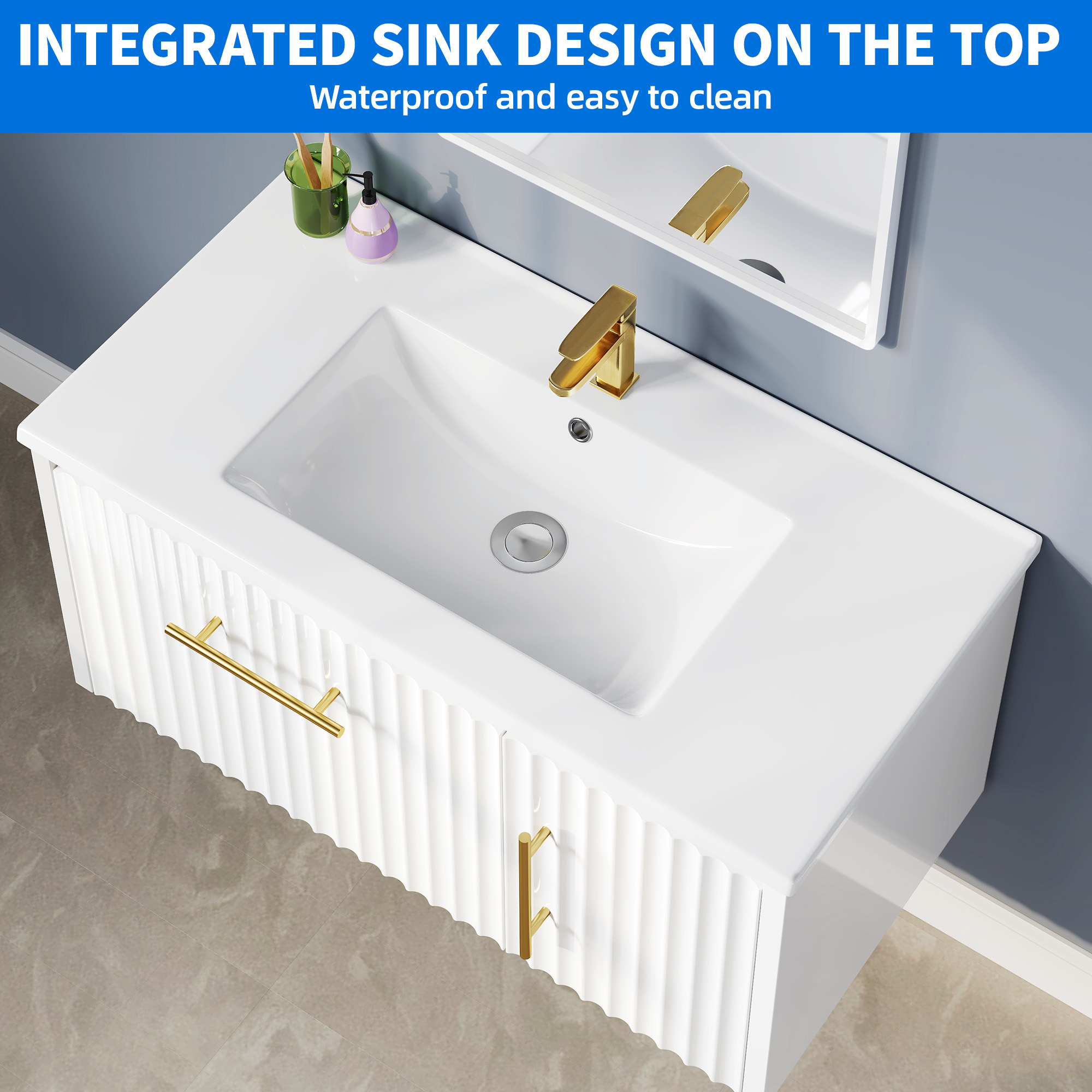 Uforic 36 Inch White Bathroom Vanity with Sink, Wall Mounted Bathroom Sink Storge Cabinet with Drain