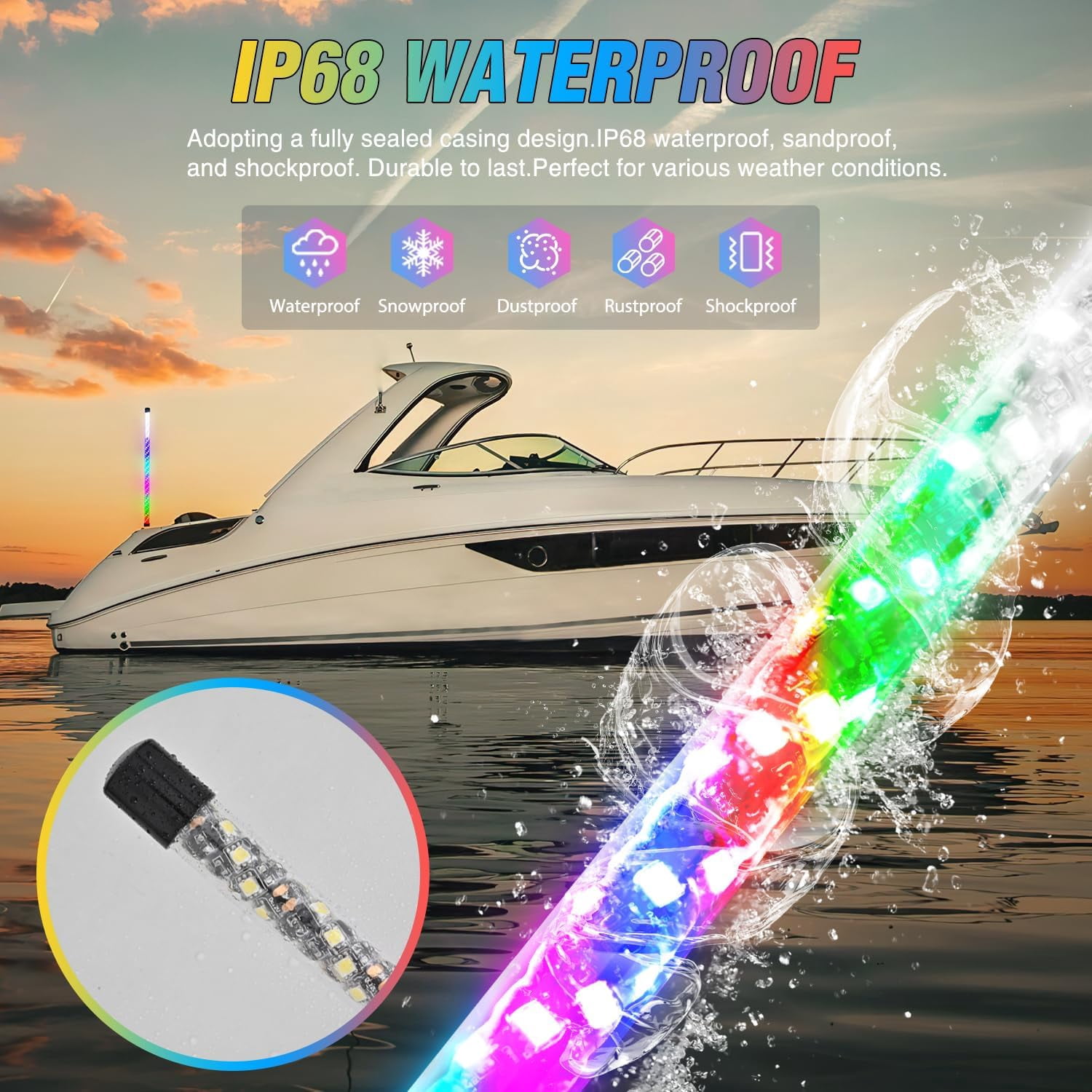 Nilight Boat Navigation Whip Light 3FT 360° Visibility 2NM Coast Guard Compliant 400+ Patterns with Remote Plug-in Base LED Spiral Boats Stern Lights for Night Fishing, Yacht, Pontoon Accessories