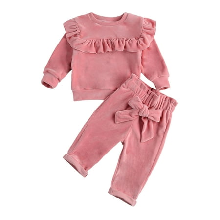 

Xingqing Infant Baby Girl Winter Clothes Plush Thick Warm Long Sleeve Ruffle Sweatshirt Top and Pants Solid 2PCS Pajamas Set
