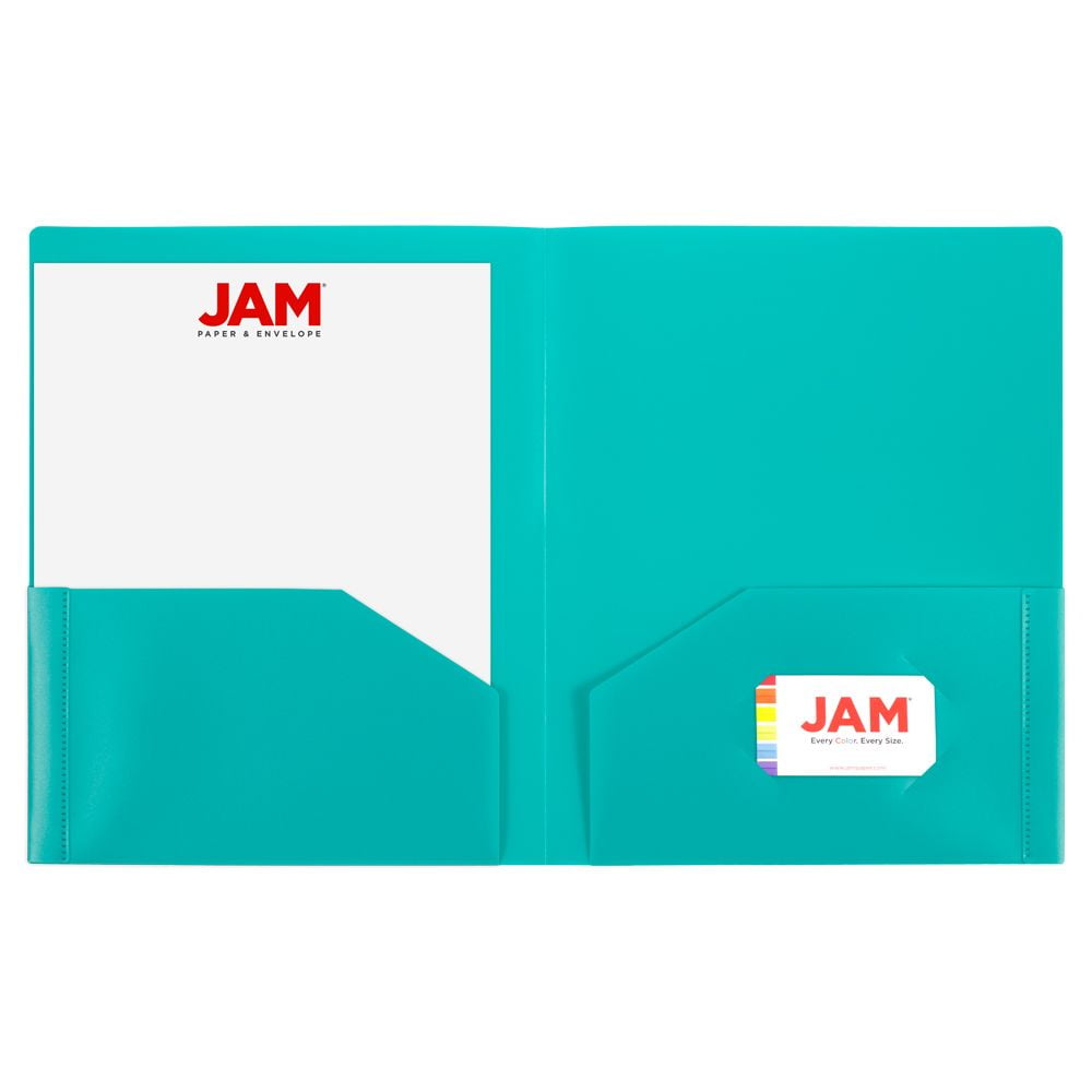 JAM Paper Heavy Duty Plastic Two Pocket Presentation Folders, Teal Blue, 108/pack