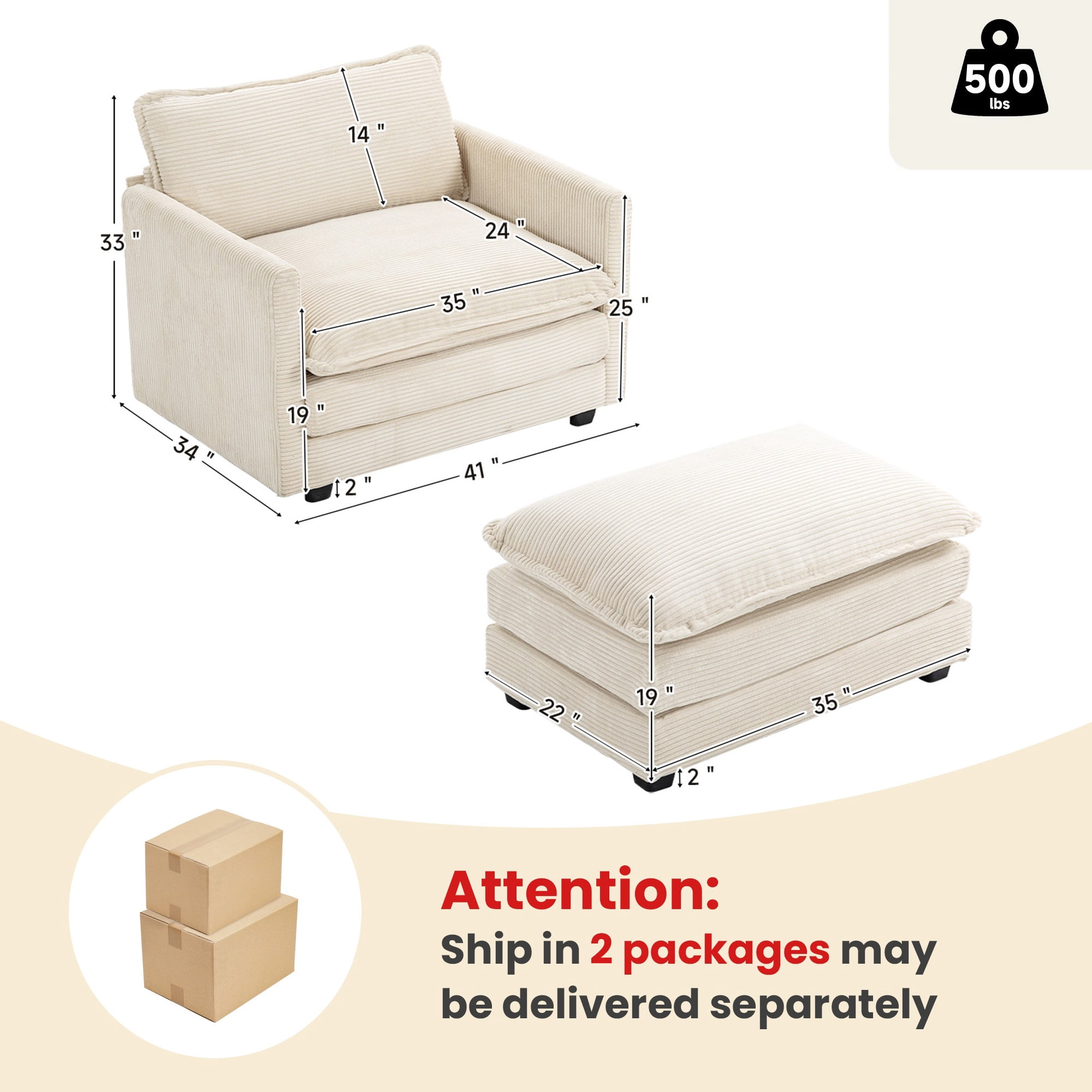JUSTLET Modern Corduroy Accent Armchair with Ottoman for Bedroom Living Reading Room Office, Beige