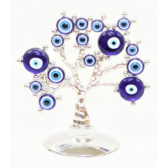 Elegant Turkish Blue Evil Eyes Flower Money Tree Silver 6" Nice Shelf Desk Decor
