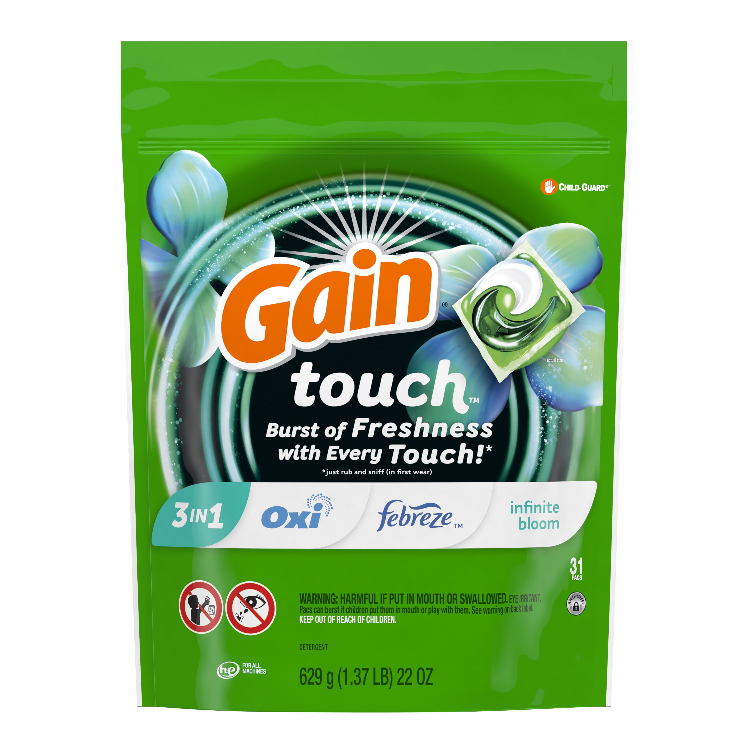 Gain Touch Flings Laundry Detergent Soap Pacs, 31 Ct, Infinite Bloom