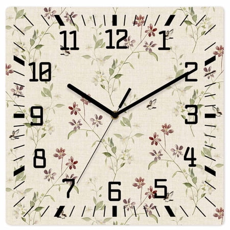 Flower Leaves, Wooden Wall Clock Silent Non Ticking, Farmhouse Country Flower Bud Watercolor Square Wall Clocks Battery Operated, Decor Clock for Home Office, Living Room, Kitchen, 10 Inch