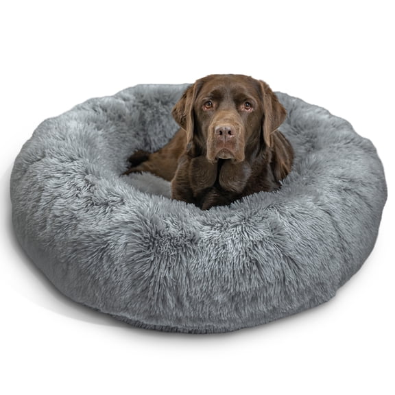 Best Friends by Sheri The Original Calming Donut Dog Bed – Washable Plush Pet Bed for Large Breeds up to 100 lbs, Shag Faux Fur, Gray, Large (36" x 36")