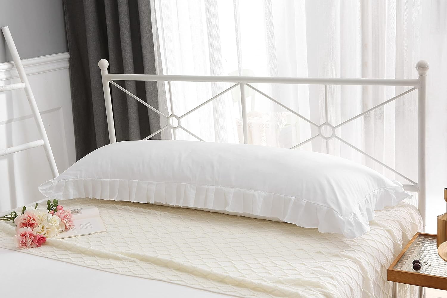 White Body Pillowcase with Ruffles Cotton Pillow Sham Cover 21"X54" 1pc