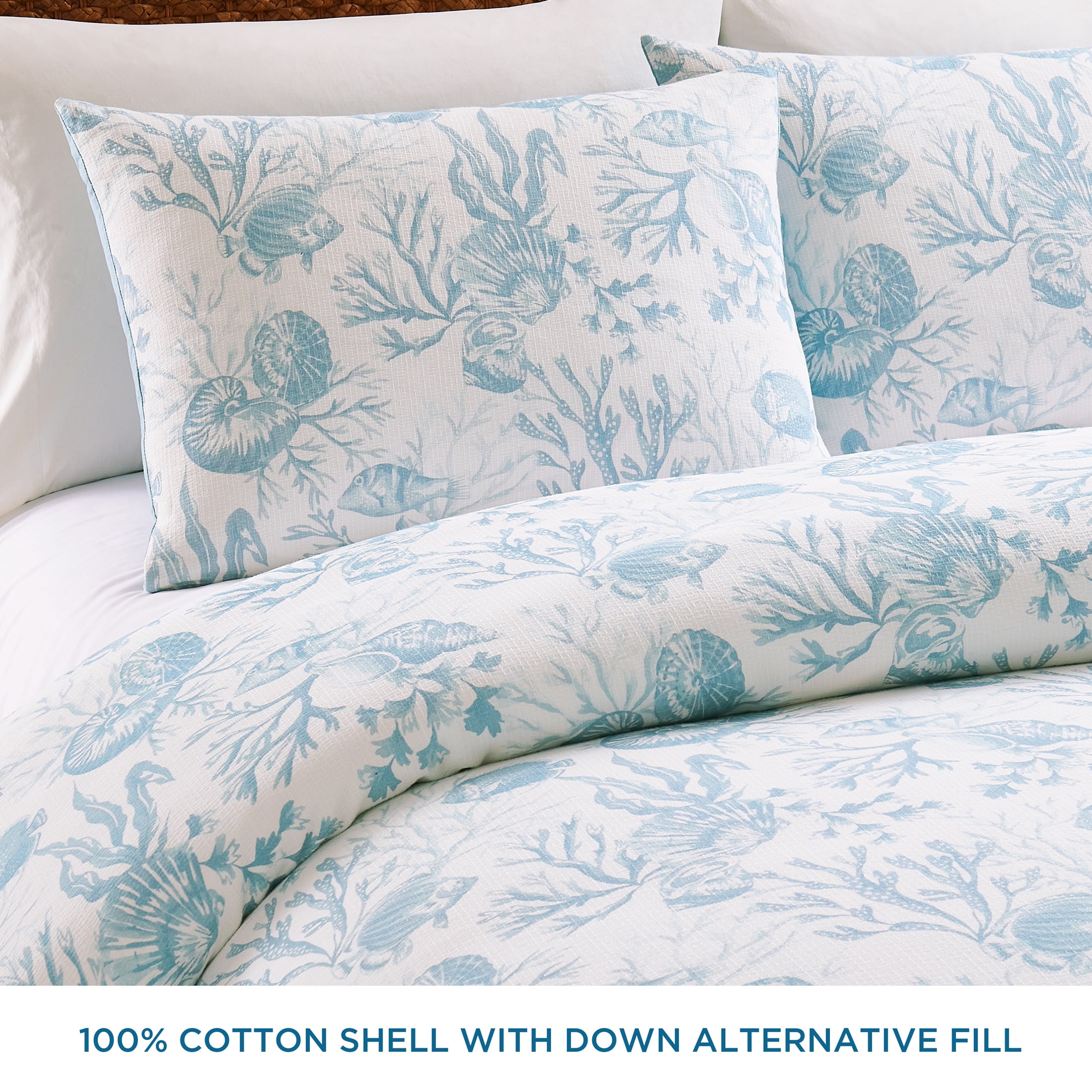 Coastal Living 3-Piece Lightweight 100% Cotton Blue & White Ocean Print Comforter Set, Full/Queen