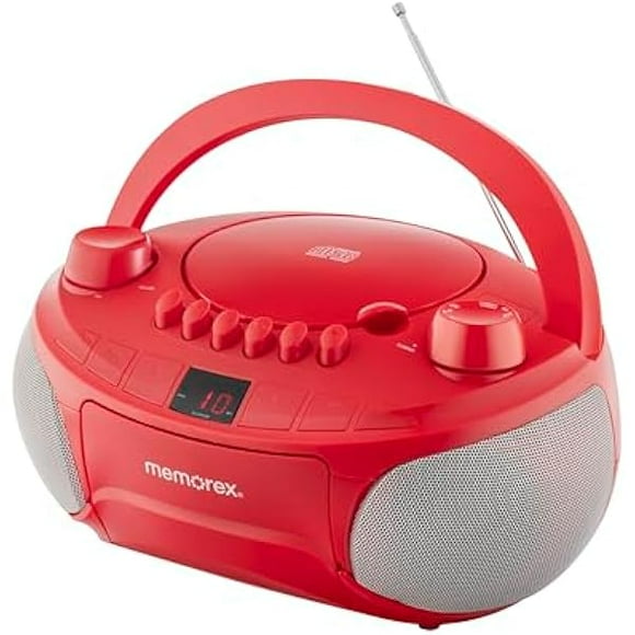 Memorex MX-BCCD50(R) AM/FM Top Loading CD and Cassette Player | Portable Stereo with Programmable Memory | Auto-Stop Cassette Deck | Auxiliary Input | Red LED Display (Red)