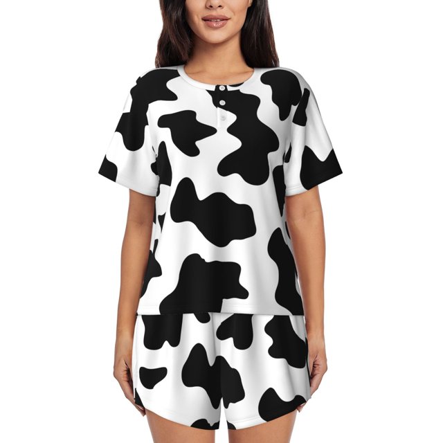 Vsdgher Pyjama Motif Vache pour Femmes 2 Pcs Manches Courtes Ensemble de Nuit, Ensemble de Pyjama Doux d'Été Décontracté, 2 Pcs Pj-X-Grand