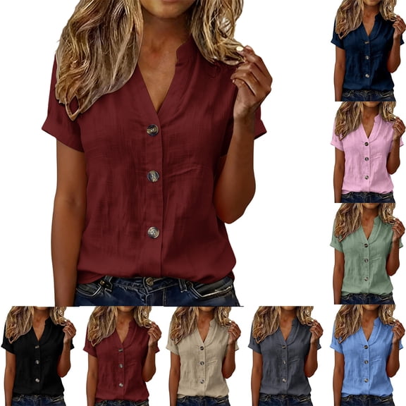 Dvprdro Women's Short Sleeve Cotton Linen Blouses V-Neck Button Front Tops Solid Casual Summer Shirts