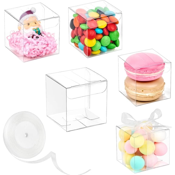 2x2x2 Inches Clear Favor Boxes, 100 Pack Small Plastic Gift Boxes with Ribbons for Macaroons Treats Candies Wedding Baby Shower Birthday Valentine's Day Party Favors