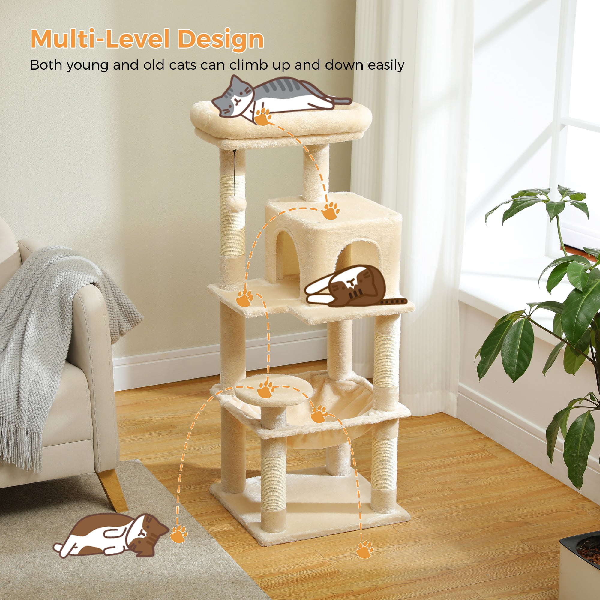 Kadyn 45" Modern Cat Tree House, Cat Condo for Indoor Cats, Activity Center Cat Scratching Tower for Kittens Toy, Beige