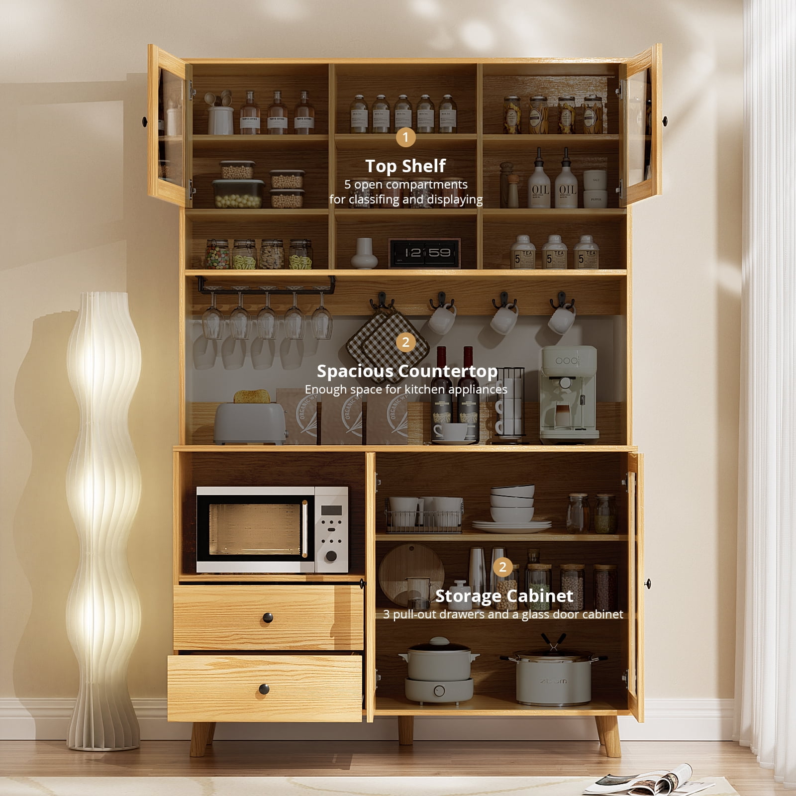 RichYa 72.5''H Pantry Cabinet with Doors & Drawers,Kitchen Storage Cabinet with Microwave Shelf & Wine Rack,Hutch Cabinet Coffee Bar for Dining Room,Wood