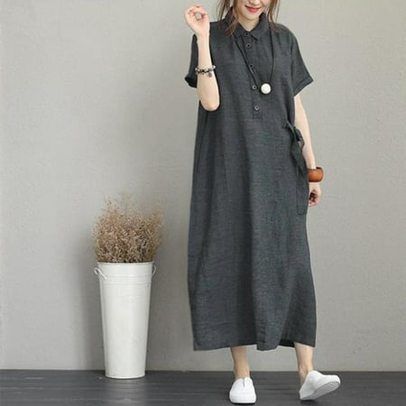 

KDJ Summer Women Cotton Linen Vintage Casual Loose Oversie Short Sleeve Long Dress