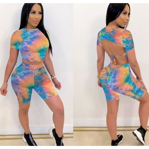Gym Women´s Ladies Backless Tie Dye Bodycon Cycling Shorts 2PCS Co ord