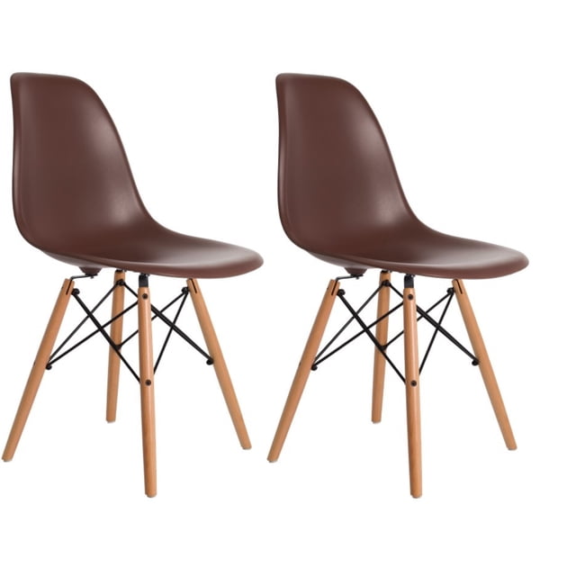 ViscoLogic PRAGUE Eames Style Eiffel Side Dining Chairs Set with Natural Wooden Legs (Brown) Set of 2 Chairs