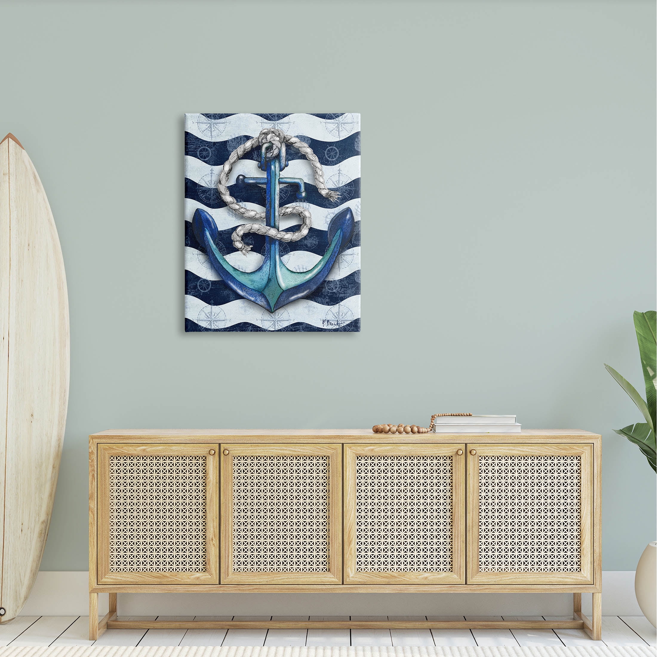 Stupell Industries Nautical Anchor Wavy Navy Stripes Graphic Art Gallery Wrapped Canvas Print Wall Art, Design by Paul Brent